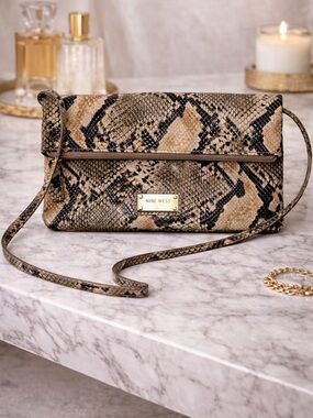 Nine West Snake Print Faux Leather Crossbody Clutch Foldover Shoulder Bag Python